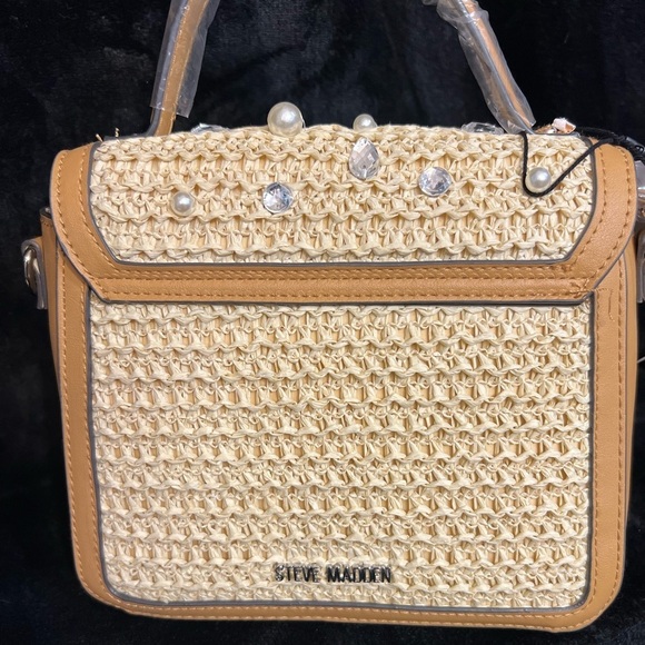🤎STEVE MADDEN Elegant Saddle Bmelodie-Straw Pearl-Embellished Handbag🤎NWT - Picture 6 of 17